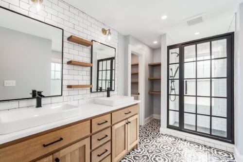 soft wood and matte black accents with a fully custom shower