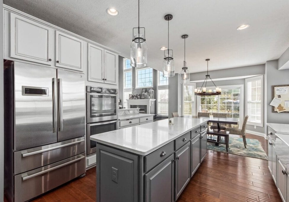 New Albany kitchen remodel with creamy quartz countertops from neighboring Galena