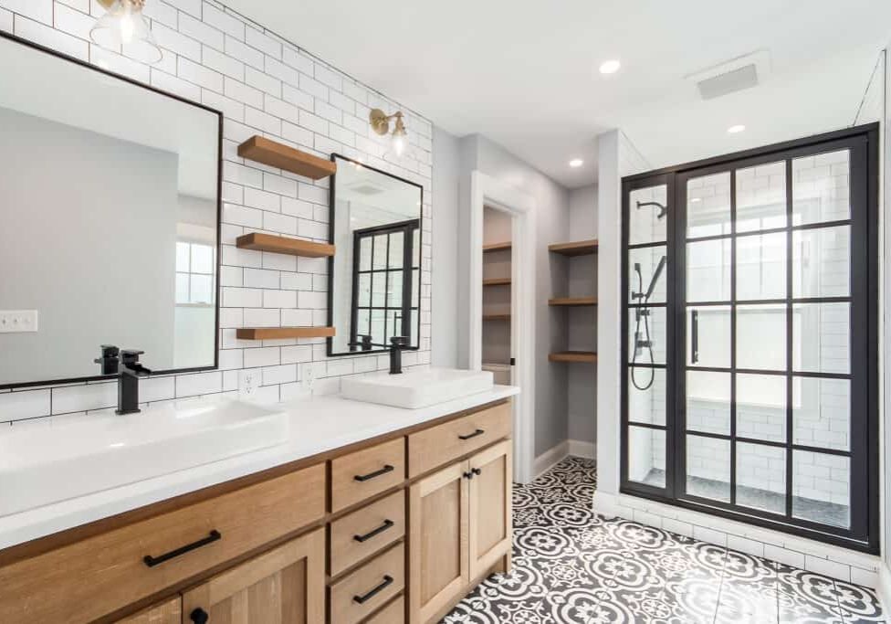 upper arlington remodel with stunning bathroom details and custom shelving